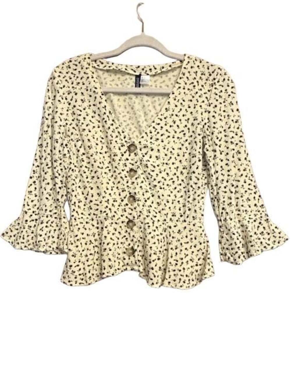 Whimsigoth 90s H&M Divided Blouse Yellow Black Floral V-Neck Peplum